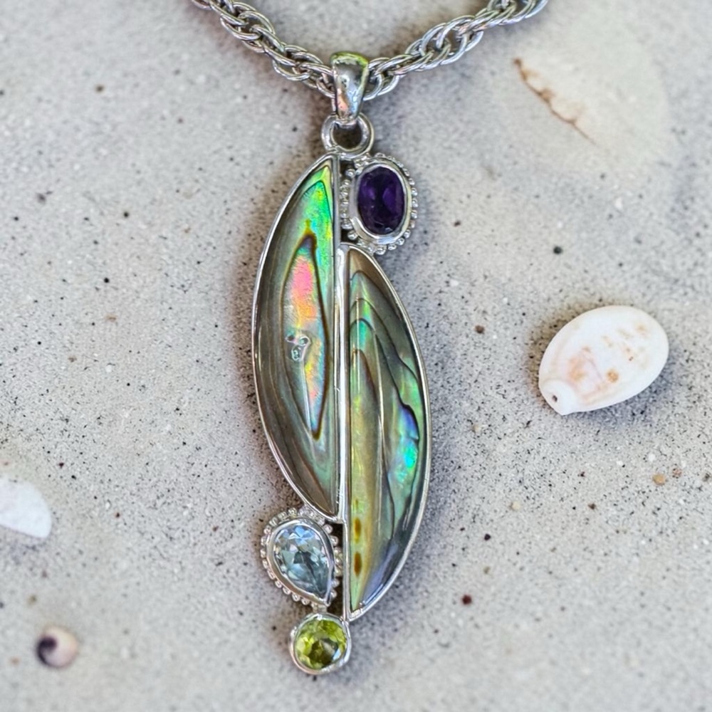 Elegant Sterling Silver Pendant with Abalone Shell, Amethyst, Peridot, & Topaz